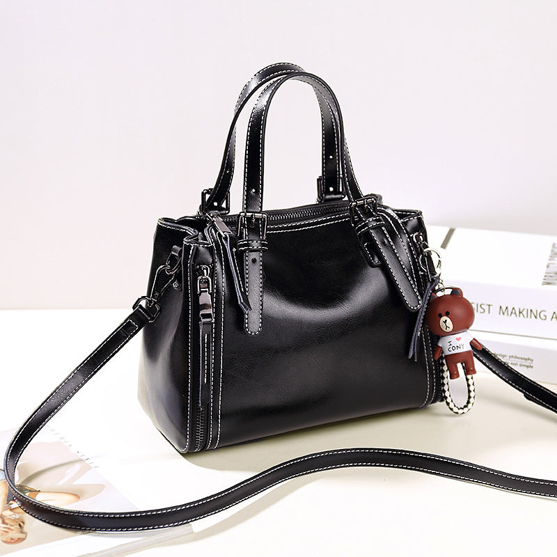 Women's Fashionable Korean Portable Oil Wax Leather Handbags