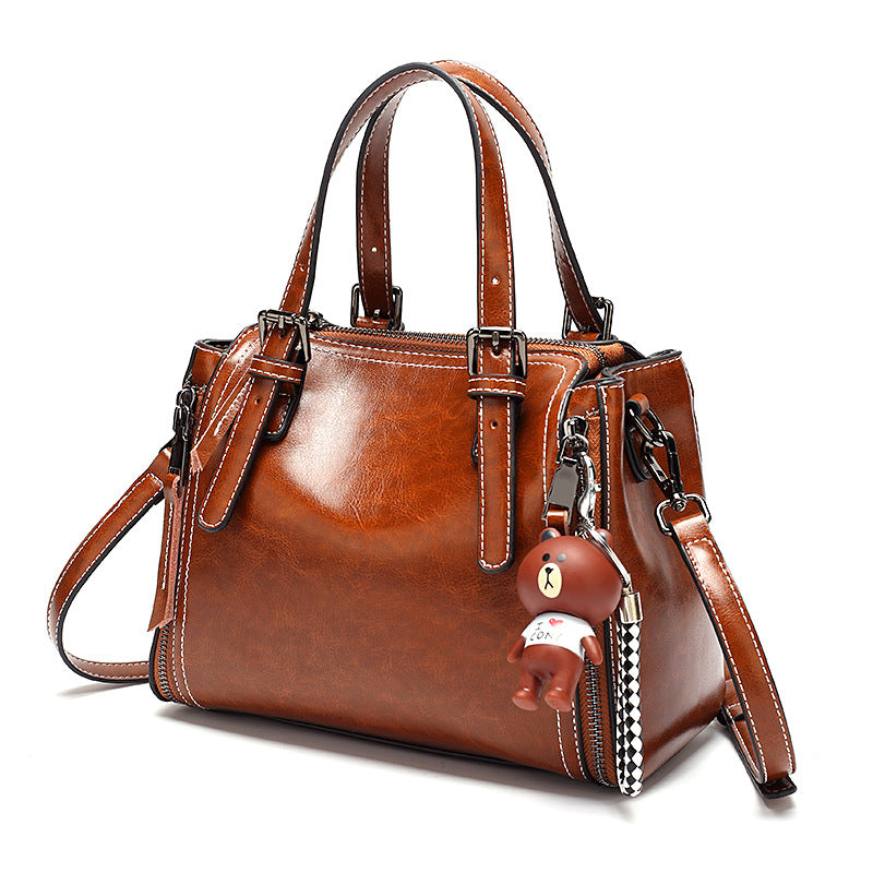 Women's Fashionable Korean Portable Oil Wax Leather Handbags