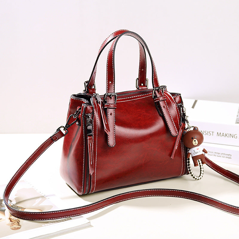 Women's Fashionable Korean Portable Oil Wax Leather Handbags