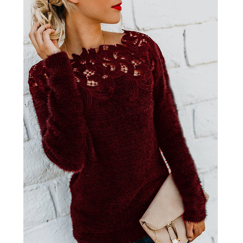 Women's Solid Color Stitching Lace Long-sleeved Sweaters