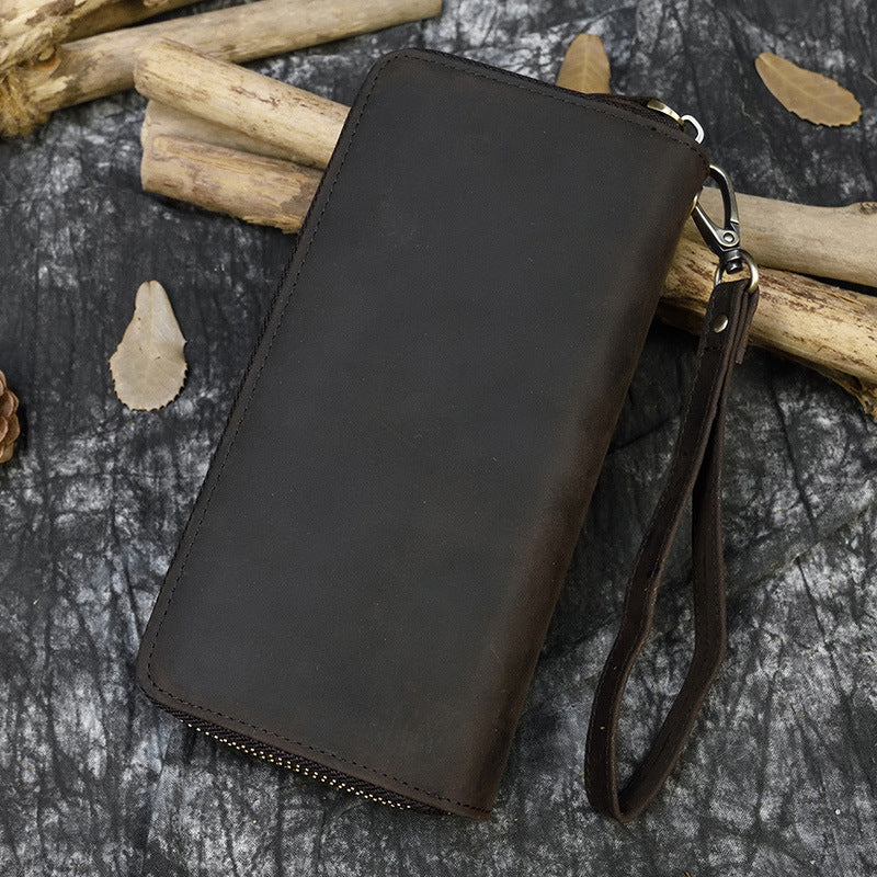 Men's Crazy Horse Leather Long Real Zipper Cowhide Men's Wallets