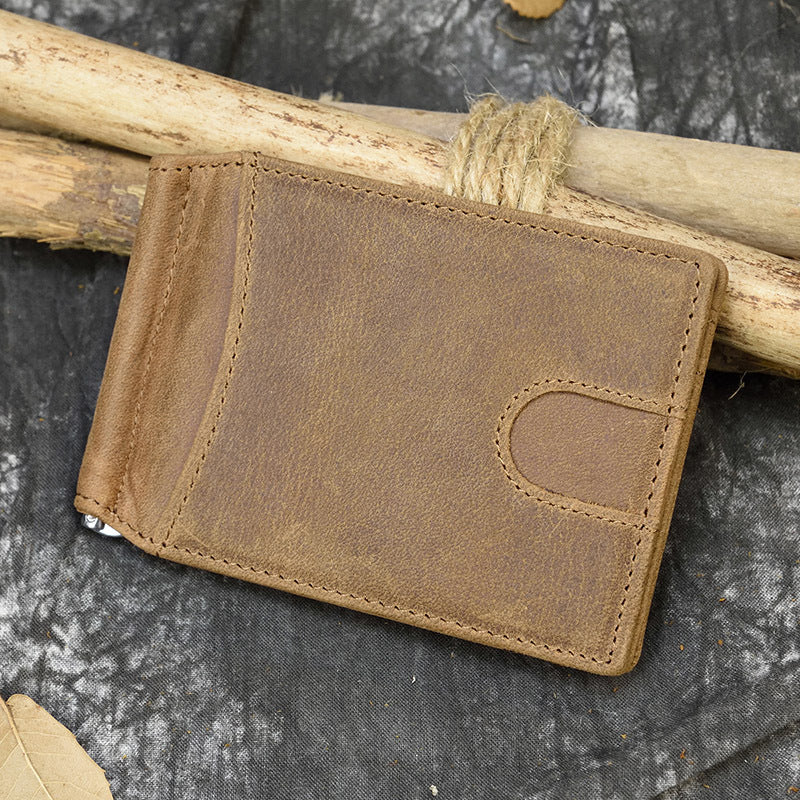 Men's Genuine Leather Clamp Crazy Horse Beauty Gold Clip Men's Wallet