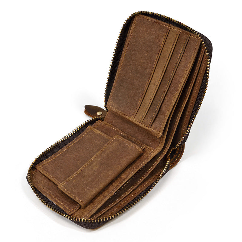 Men's Hot Leather Crazy Horse Zipper Short Ladies Wallets