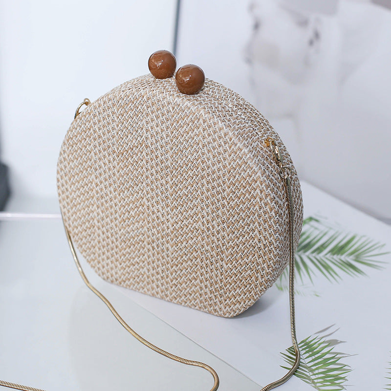Women's Stylish Round Straw Chain Plaid Shoulder Bags