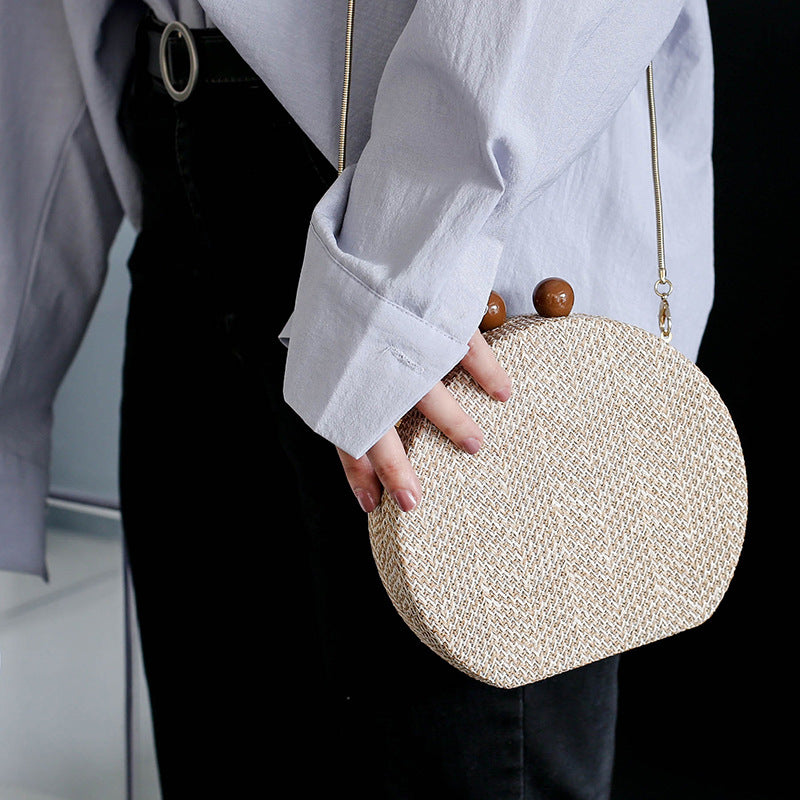 Women's Stylish Round Straw Chain Plaid Shoulder Bags