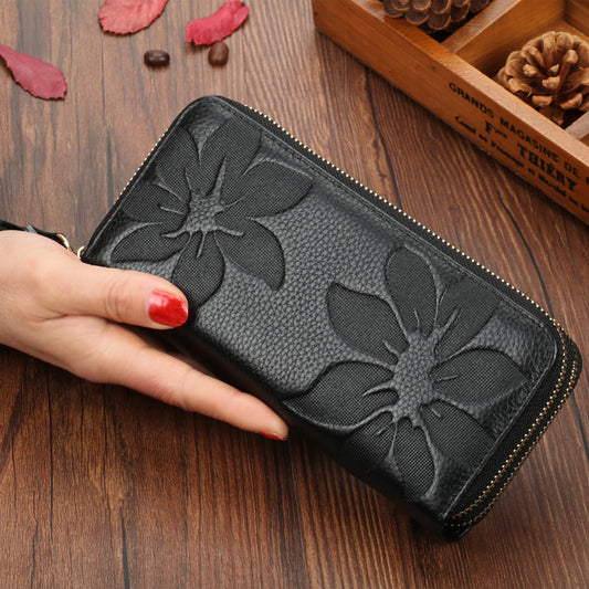 Women's First Layer Cowhide Long Double Zipper Ladies Wallets