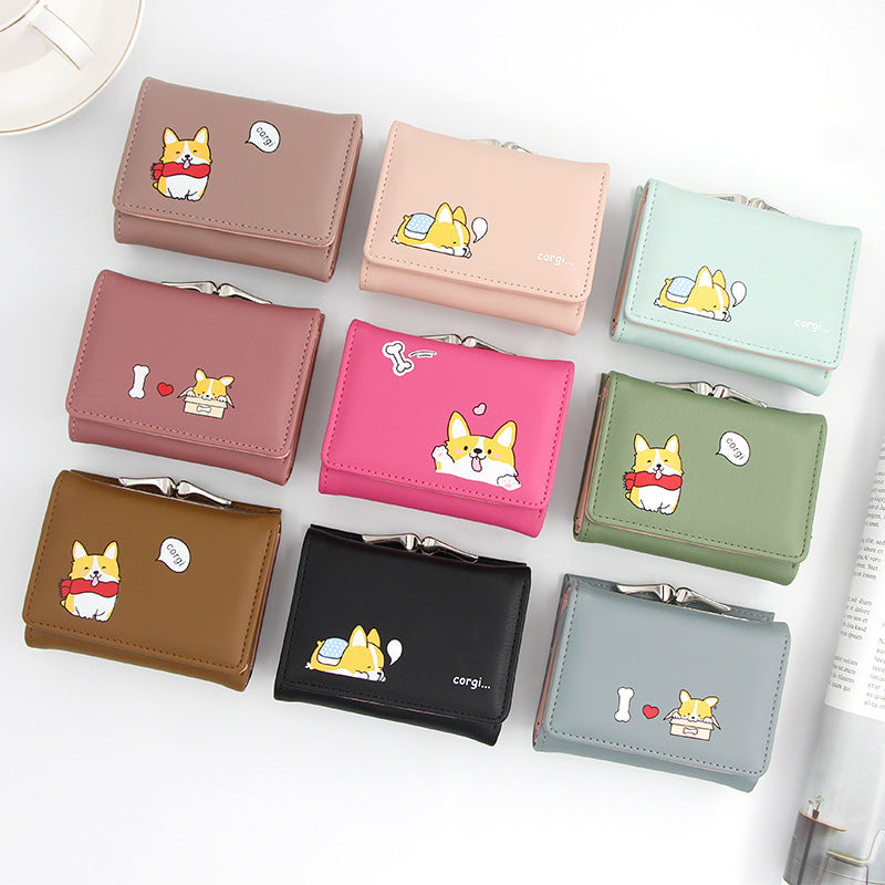 Women's Korean Short Cartoon Puppy Three Fold Bags
