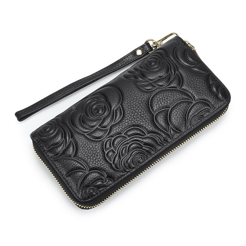Women's Real Leather Long Single Zipper Fashion Camellia First Layer Bags