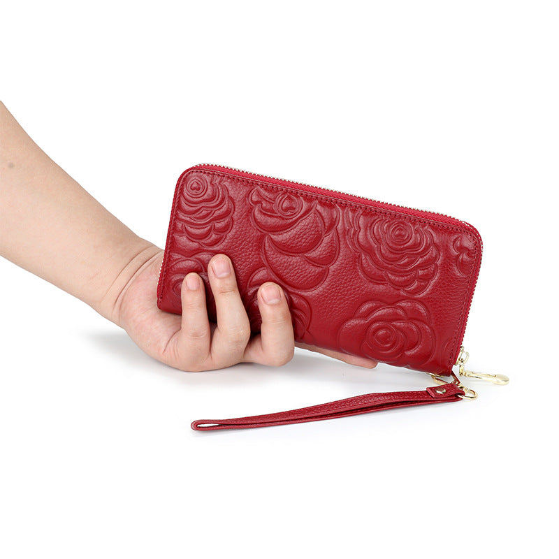 Women's Real Leather Long Single Zipper Fashion Camellia First Layer Bags