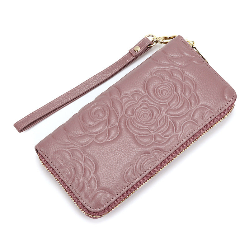 Women's Real Leather Long Single Zipper Fashion Camellia First Layer Bags