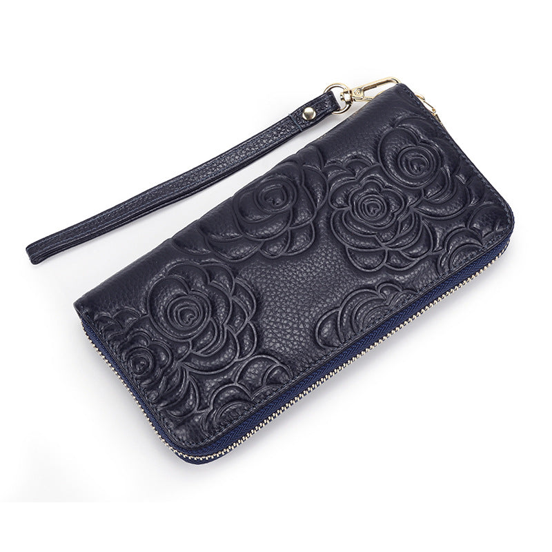Women's Real Leather Long Single Zipper Fashion Camellia First Layer Bags