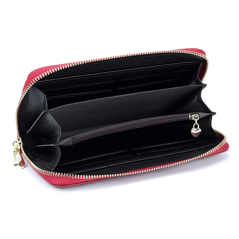 Women's Real Leather Long Single Zipper Fashion Camellia First Layer Bags