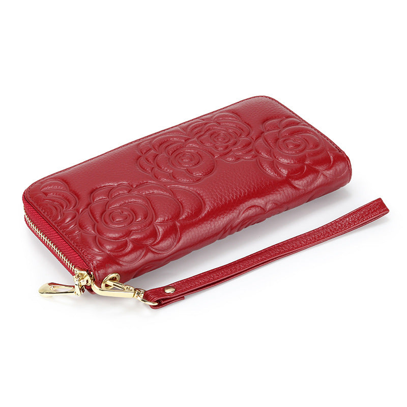 Women's Real Leather Long Single Zipper Fashion Camellia First Layer Bags