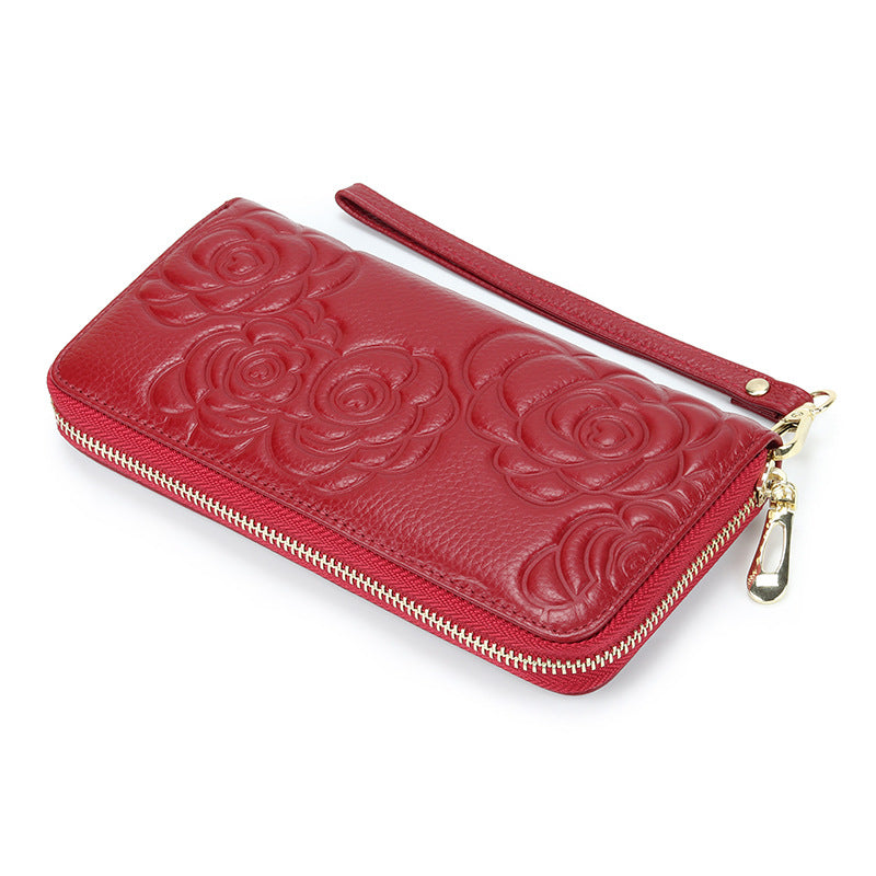 Women's Real Leather Long Single Zipper Fashion Camellia First Layer Bags