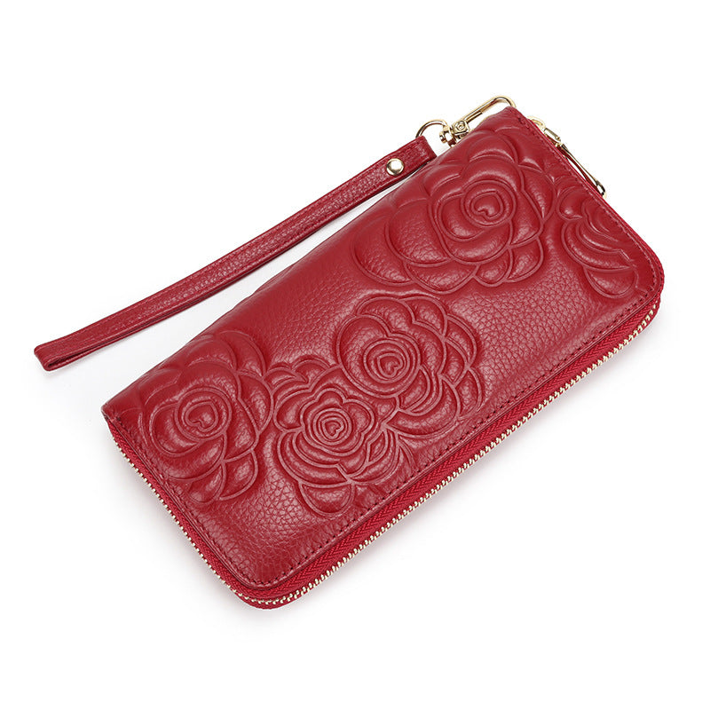 Women's Real Leather Long Single Zipper Fashion Camellia First Layer Bags