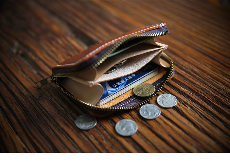 Men's Handmade Retro First Layer Cowhide Zipper Short Coin Purses