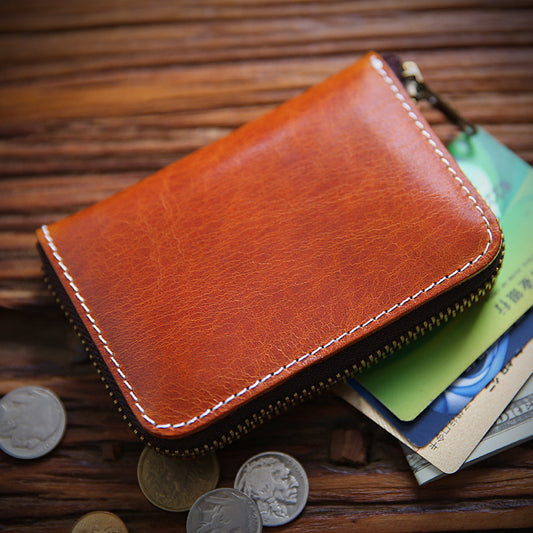 Men's Handmade Retro First Layer Cowhide Zipper Short Coin Purses