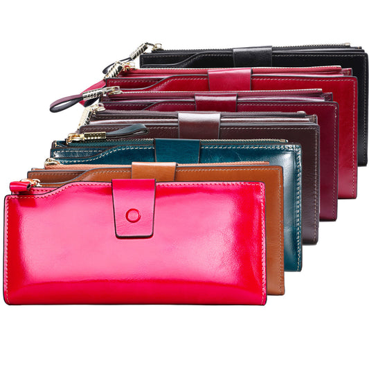Women's Top Layer Leather Long Korean Style Oil Wax Cowhide Ladies Wallets