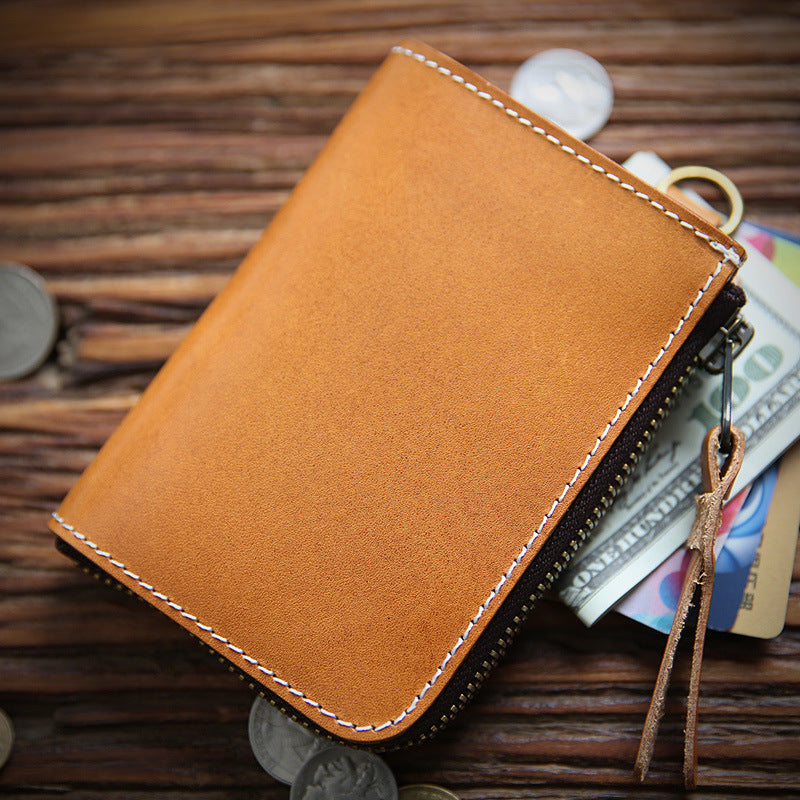 Men's First Layer Cowhide Leather Short Zipper Vertical Driving Card Holder