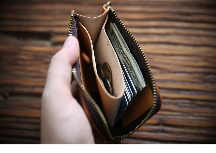 Men's First Layer Cowhide Leather Short Zipper Vertical Driving Card Holder