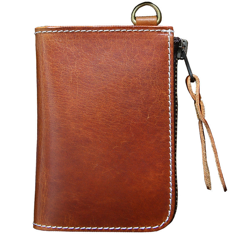 Men's First Layer Cowhide Leather Short Zipper Vertical Driving Card Holder