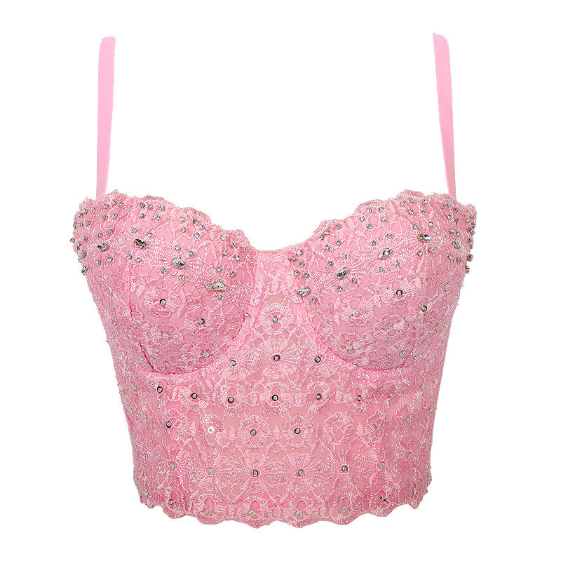 Spaghetti Strap Bra One-piece Embroidery Light Diamond Vests