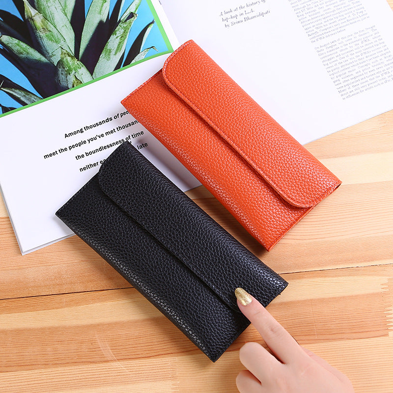 Women's Long Large Capacity Solid Color Lychee Pattern Mobile Ladies Wallet