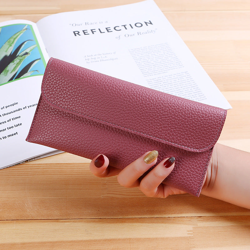 Women's Long Large Capacity Solid Color Lychee Pattern Mobile Ladies Wallet