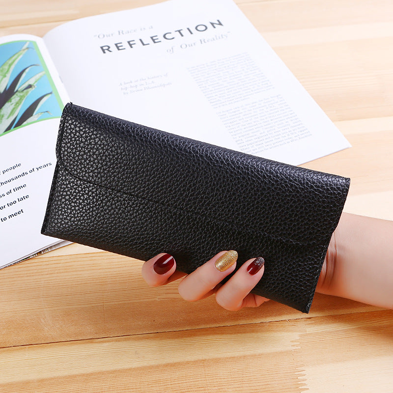 Women's Long Large Capacity Solid Color Lychee Pattern Mobile Ladies Wallet