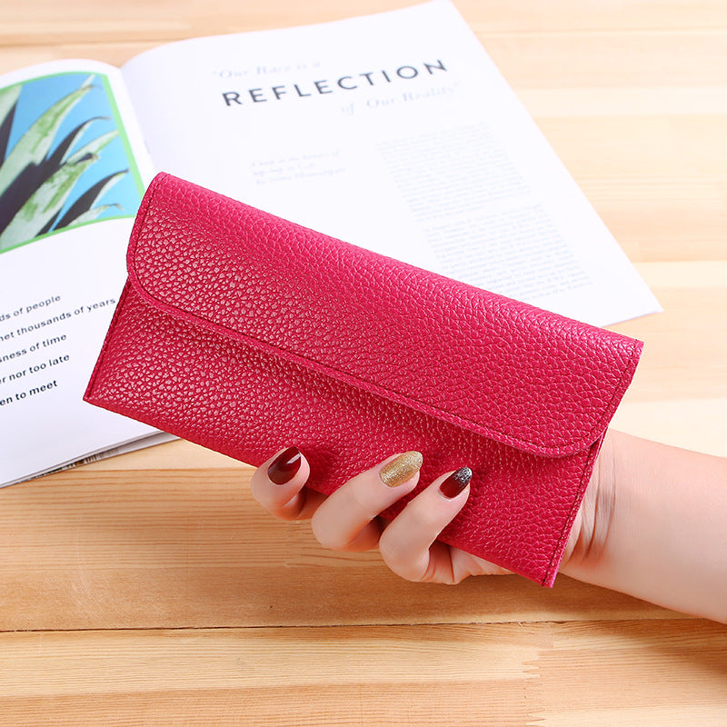 Women's Long Large Capacity Solid Color Lychee Pattern Mobile Ladies Wallet