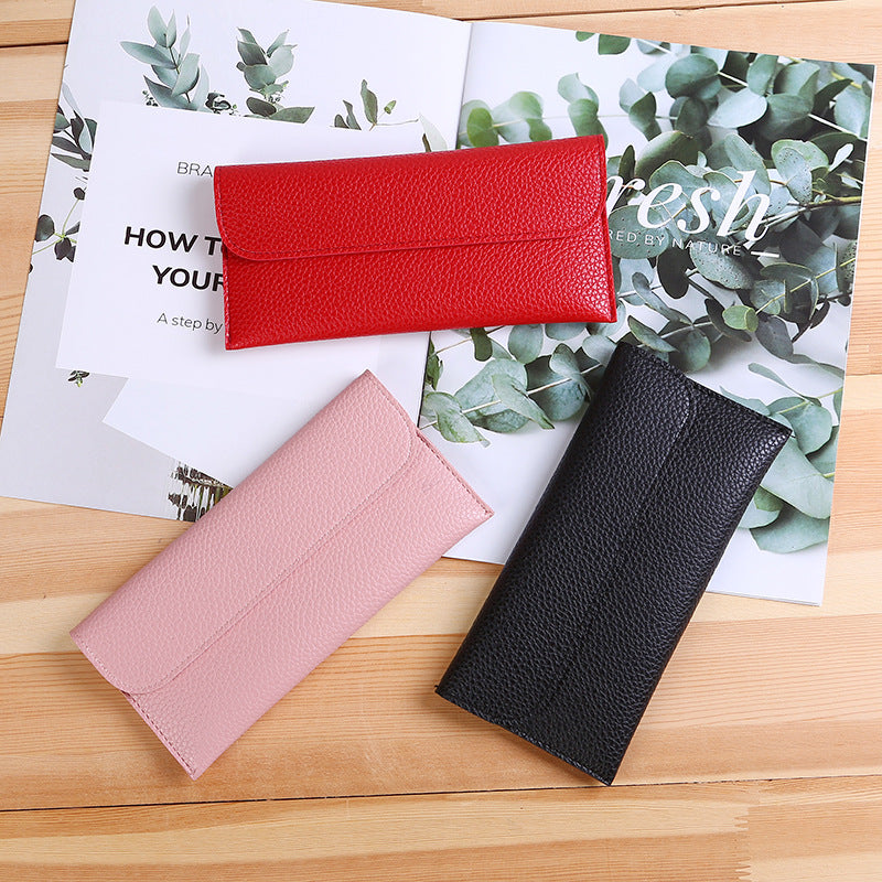Women's Long Large Capacity Solid Color Lychee Pattern Mobile Ladies Wallet