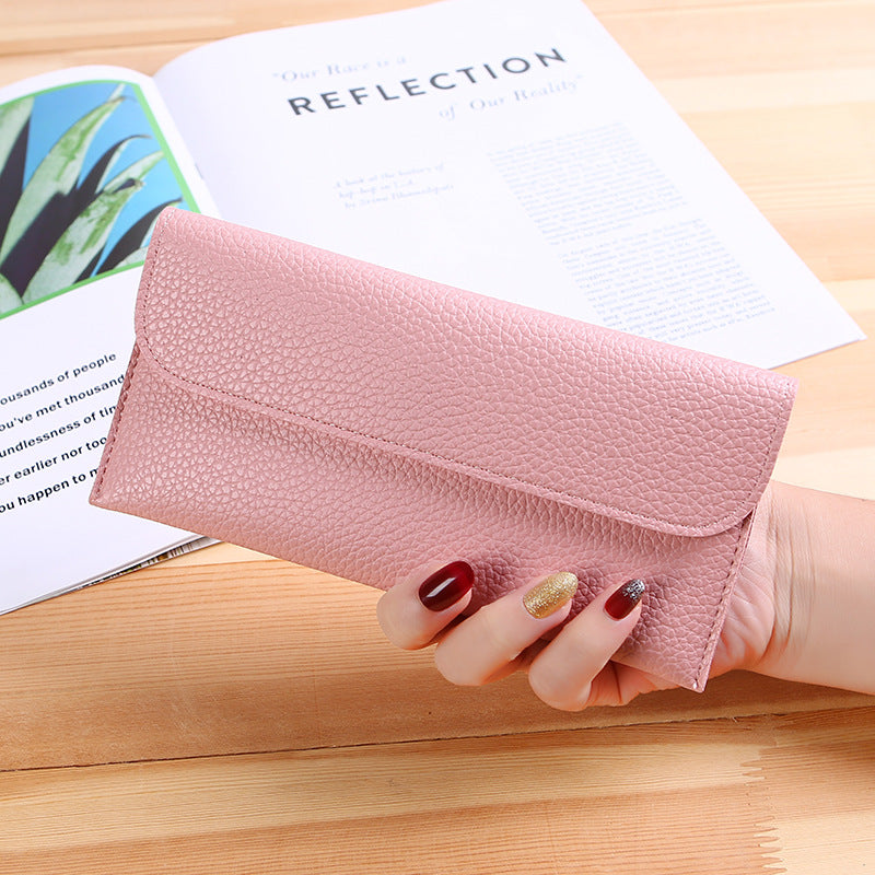 Women's Long Large Capacity Solid Color Lychee Pattern Mobile Ladies Wallet