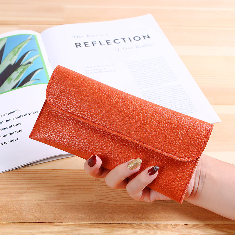 Women's Long Large Capacity Solid Color Lychee Pattern Mobile Ladies Wallet