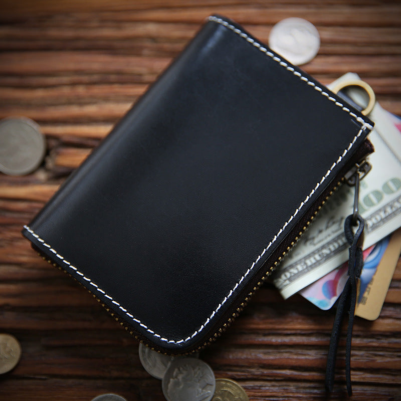 Men's First Layer Cowhide Leather Short Zipper Vertical Driving Card Holder