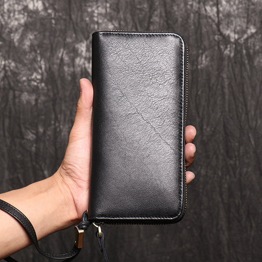 Women's & Men's Genuine Leather Clutch Long Zipper Oil Men's Wallets