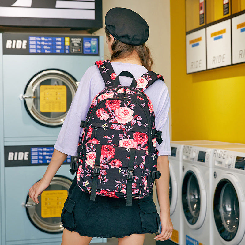 Women's Oxford Cloth Computer Thermal Transfer Flower Backpacks