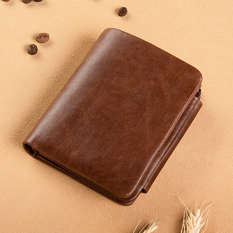 Men's Leather Swiping Large Capacity Double Zipper Men's Wallets