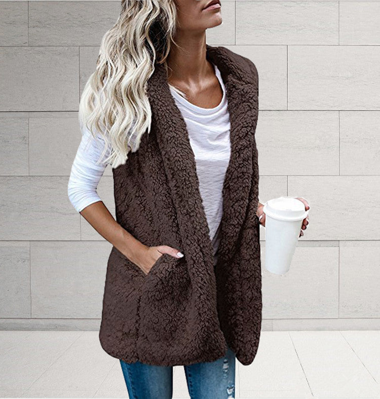 Women's Fashion Solid Color Sleeveless Hooded Pocket Plus Size