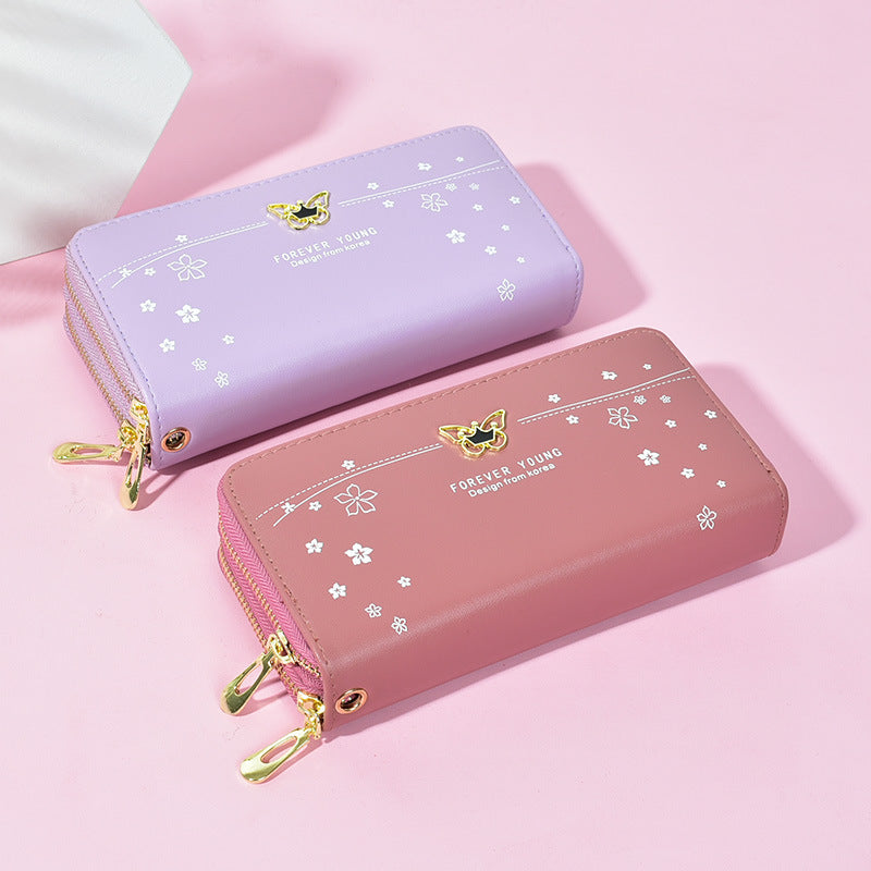 Women's Long Wrist Strap Printed Soft Leather Double Handbags