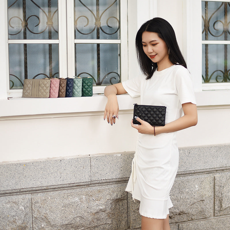 Women's Khaki Mobile Diamond Plaid Long Sheepskin Light Luxury Zipper Ladies Wallets