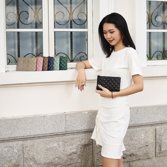 Women's Khaki Mobile Diamond Plaid Long Sheepskin Light Luxury Zipper Ladies Wallets