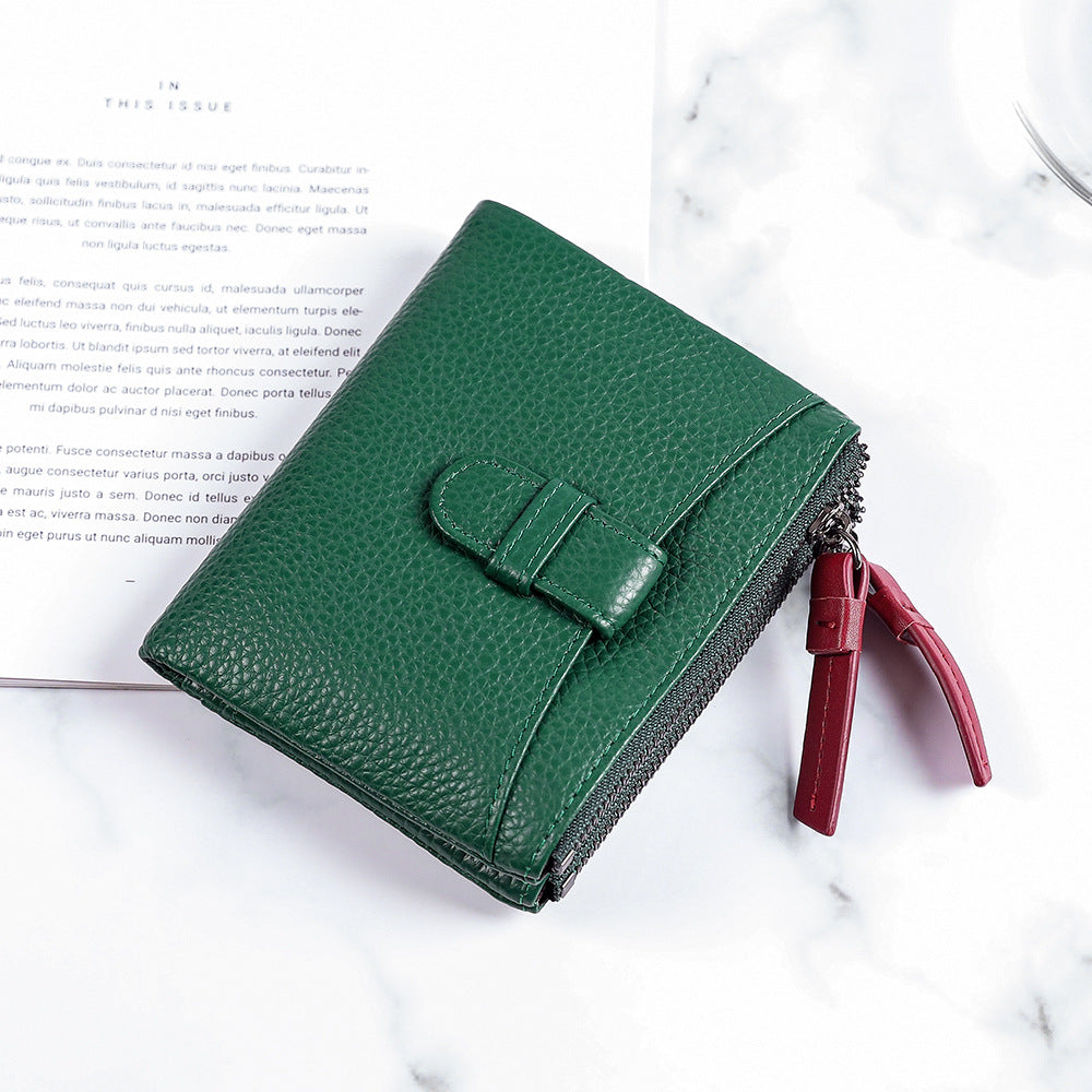 Women's Short Fashion First Layer Cowhide Zipper Ladies Wallets