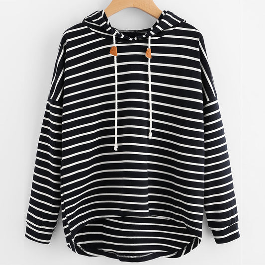 Women's Black White Striped Loose Hooded Knitted Sweaters