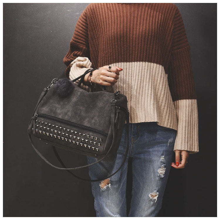 Women's Frosted Fur Ball Motorcycle Big Rivet Women's Handbag