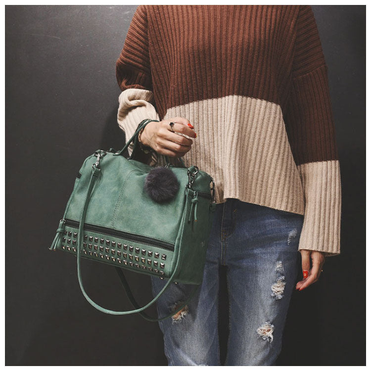 Women's Frosted Fur Ball Motorcycle Big Rivet Women's Handbag