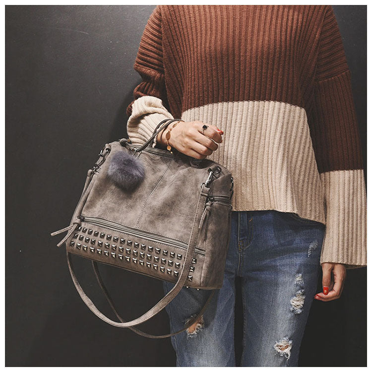 Women's Frosted Fur Ball Motorcycle Big Rivet Women's Handbag