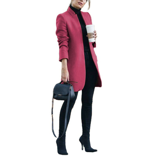 Fashion Solid Color Stand Collar Woolen Coats