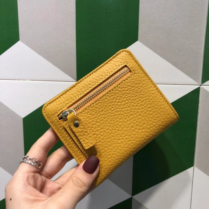 Korean Style Top Layer Cowhide Short Yellow Two Fold Ladies Wallets