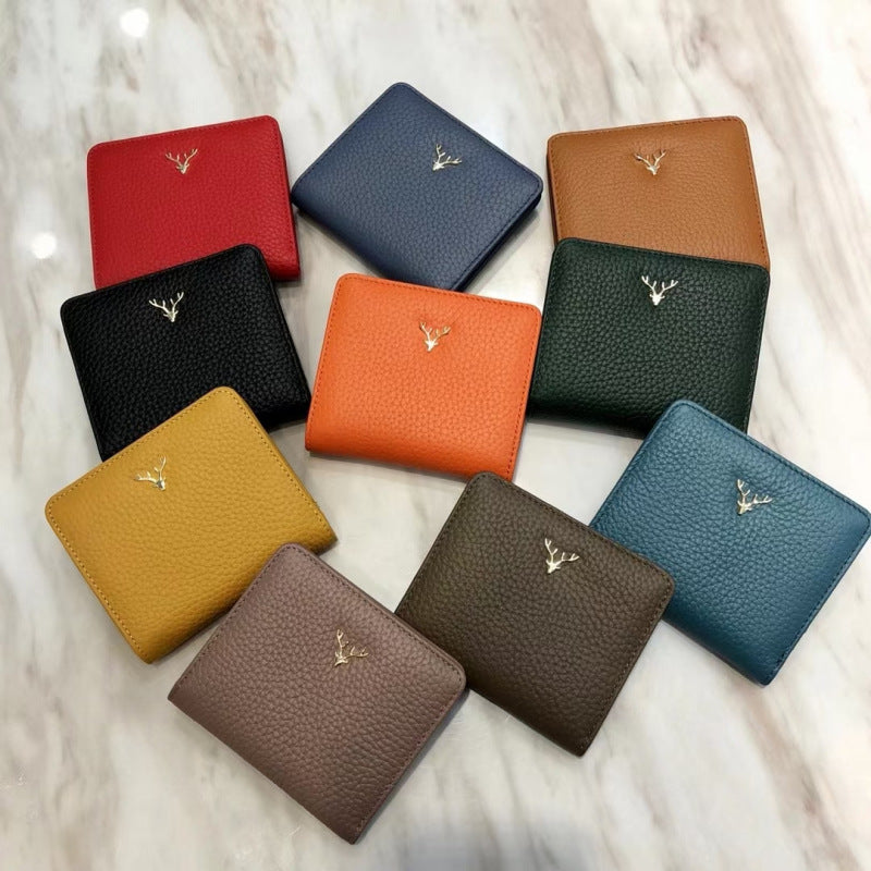 Korean Style Top Layer Cowhide Short Yellow Two Fold Ladies Wallets