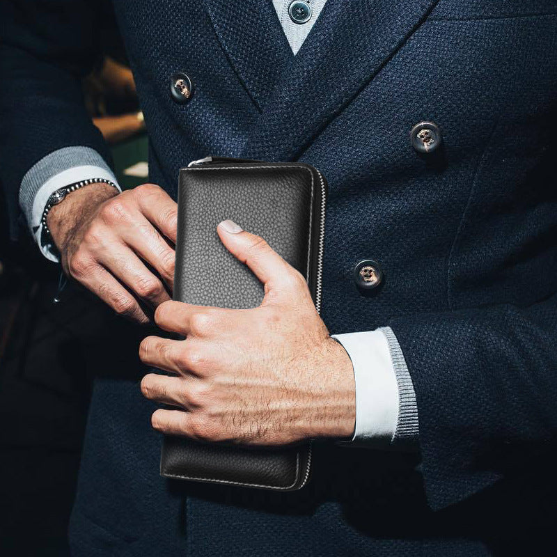 Men's First Layer Cowhide Vintage Business Zipper Multiple Handbags